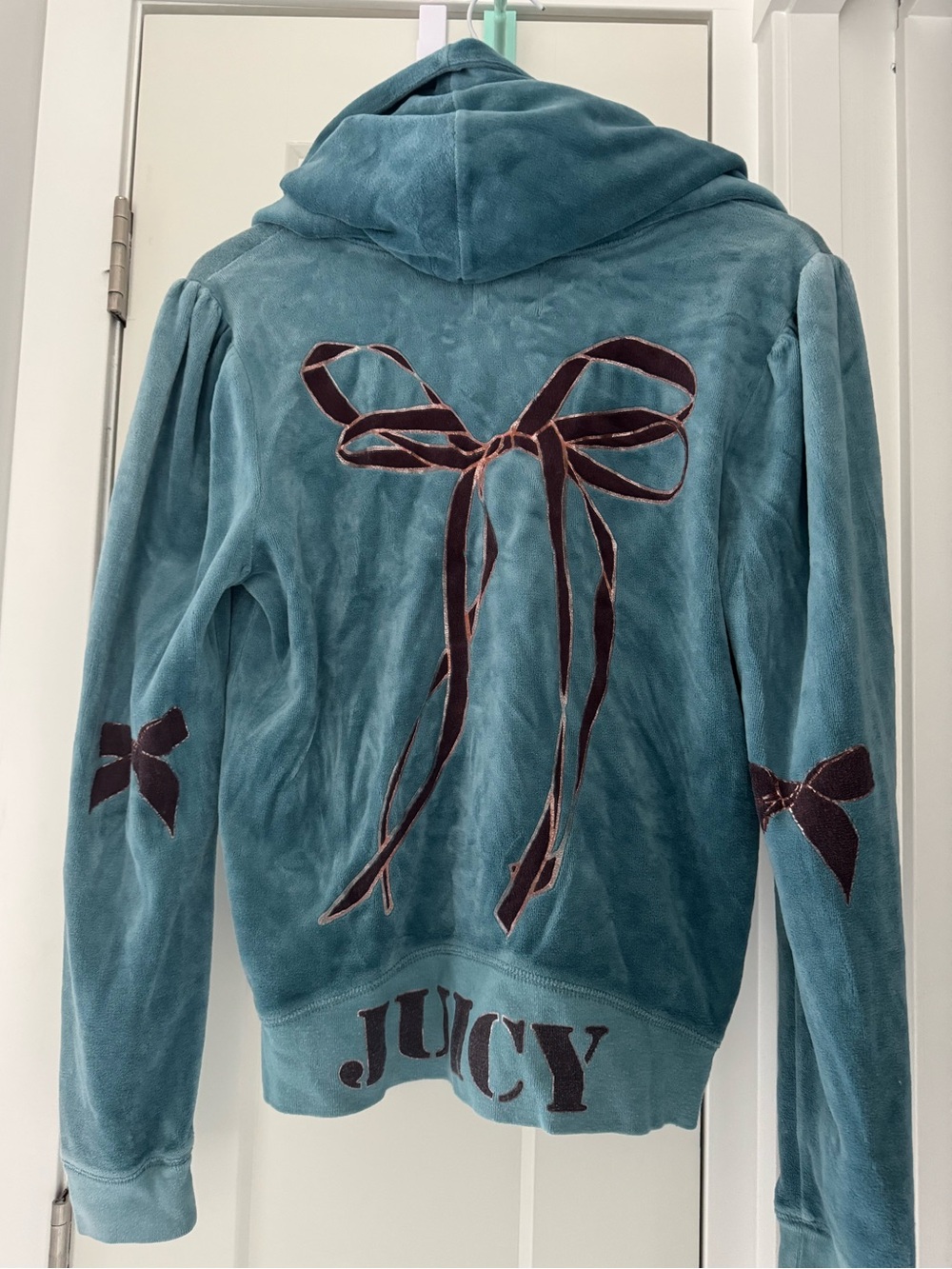 Juicy Couture Teal Velour Zip-Up Tracksuit Hoodie Brown Bow Embroidery Y2K sizeL